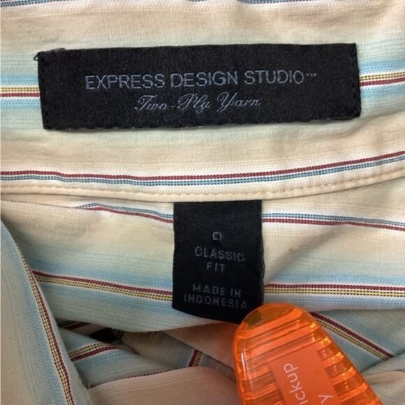 Express Design Studio Women’s Classic Fit Button Front Stripe Shirt, Tan, sz 0 - Picture 3 of 5